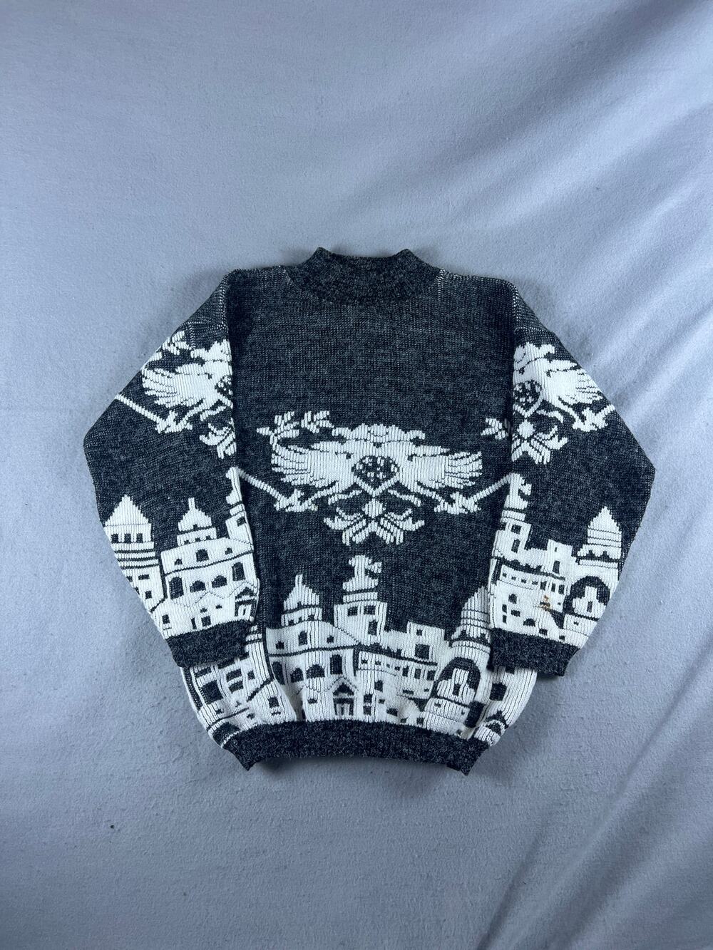 Vintage Sweater Mens M Gray White Mock Neck Double Headed Eagle Castle Knit